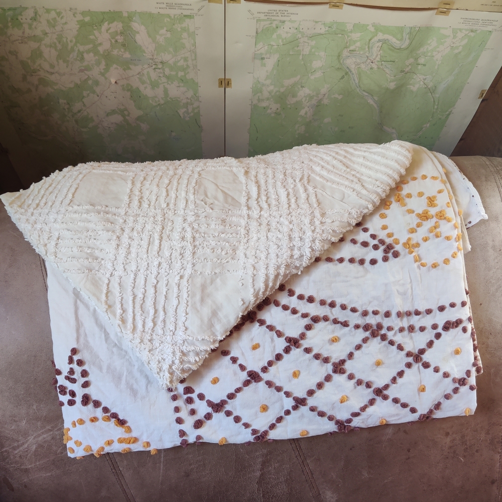 Vintage Chenille Cutters Bedspread Blanket Lot of 2 Pom Poms Crafting Quilting
